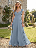 Chiffon A Line V Neck Flutter Sleeves Long Bridesmaid Dresses