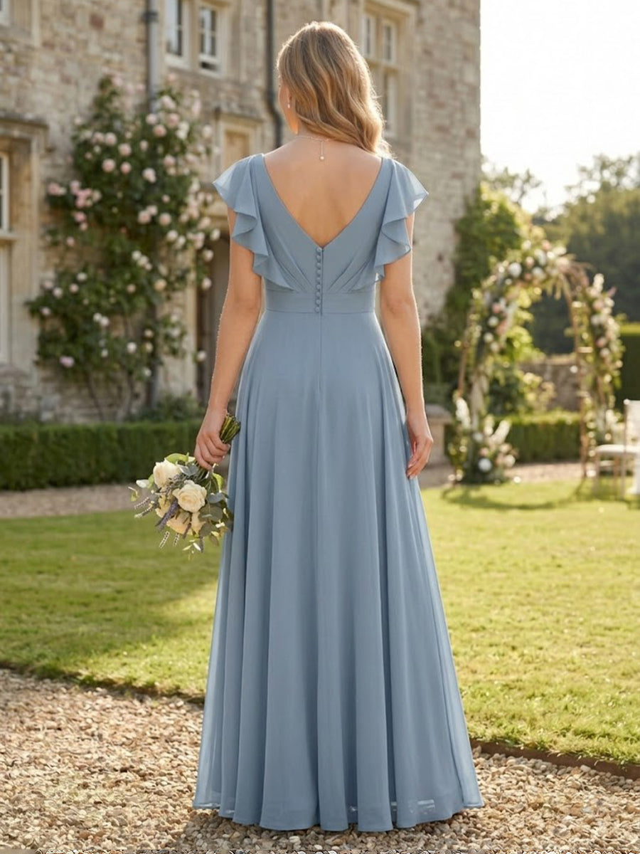 Chiffon A Line V Neck Flutter Sleeves Long Bridesmaid Dresses
