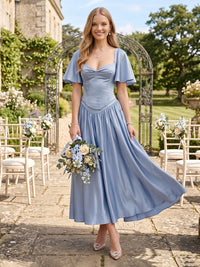 Satin A Line Sweetheart Short Sleeves Long Bridesmaid Dresses