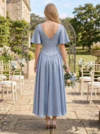 Satin A Line Sweetheart Short Sleeves Long Bridesmaid Dresses