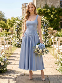 Satin A Line Square Neck Sleeveless Long Bridesmaid Dresses with Pockets