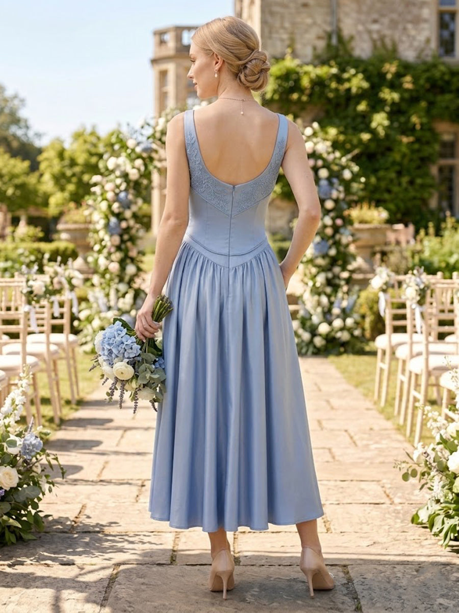 Satin A Line Square Neck Sleeveless Long Bridesmaid Dresses with Pockets