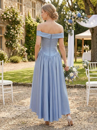 Satin A Line Off Shoulder Sleeveless Long Bridesmaid Dresses with Pockets