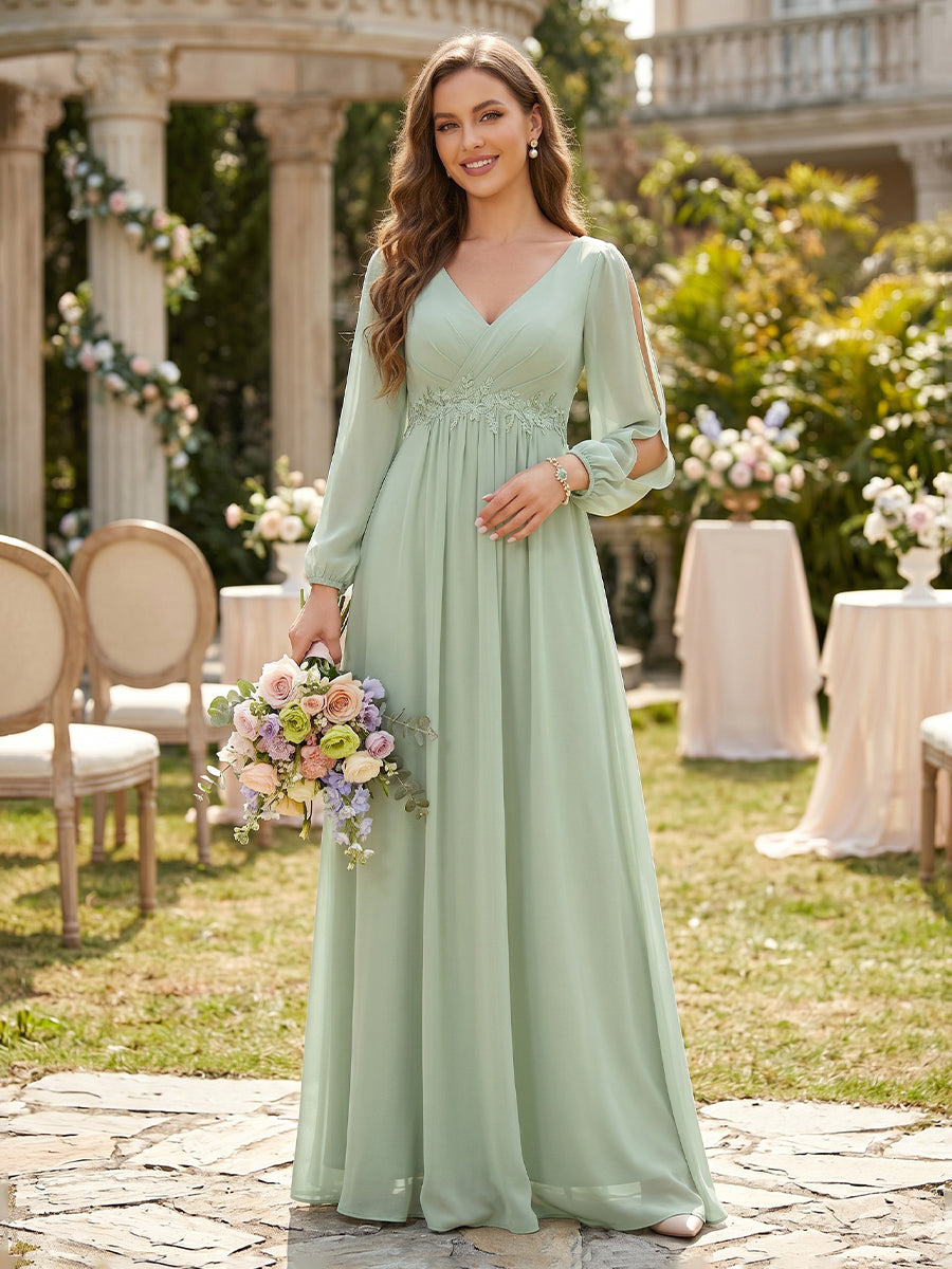 Chiffon A Line V Neck Long Sleeves Bridesmaid Dresses