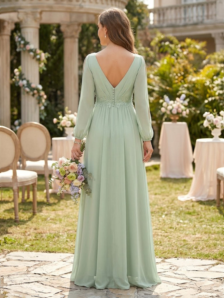 Chiffon A Line V Neck Long Sleeves Bridesmaid Dresses