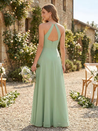 Chiffon A Line Halter Sleeveless Long Bridesmaid Dresses