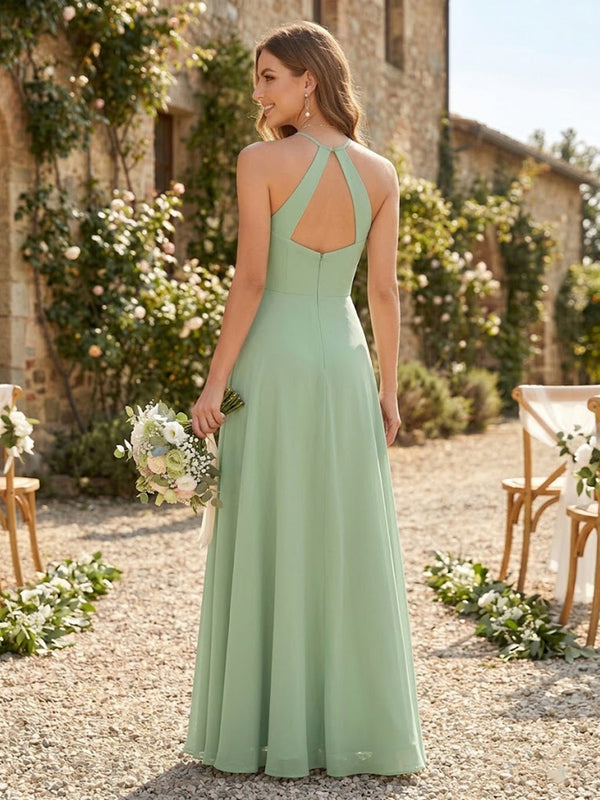 Chiffon A Line Halter Sleeveless Long Bridesmaid Dresses