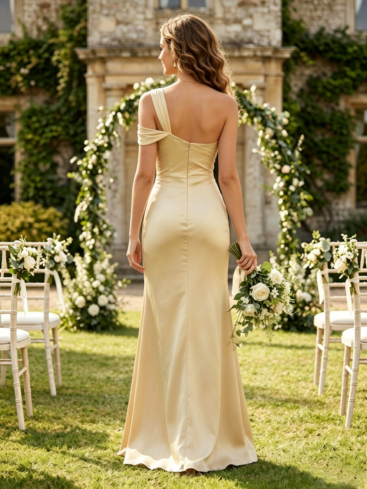 Mermaid One Shoulder Sleeveless Long Bridesmaid Dresses with Slit