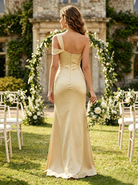 Mermaid One Shoulder Sleeveless Long Bridesmaid Dresses with Slit