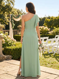A Line One Shoulder Sleeveless Long Bridesmaid Dresses with Slit