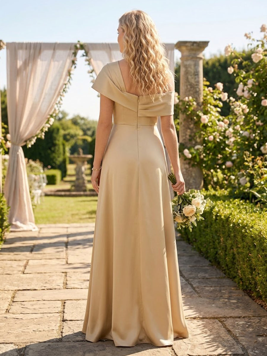A Line Off Shoulder Sleeveless Long Bridesmaid Dresses with Slit