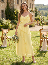 A Line Chiffon Ruffled V Neck Sleeveless Long Bridesmaid Dresses