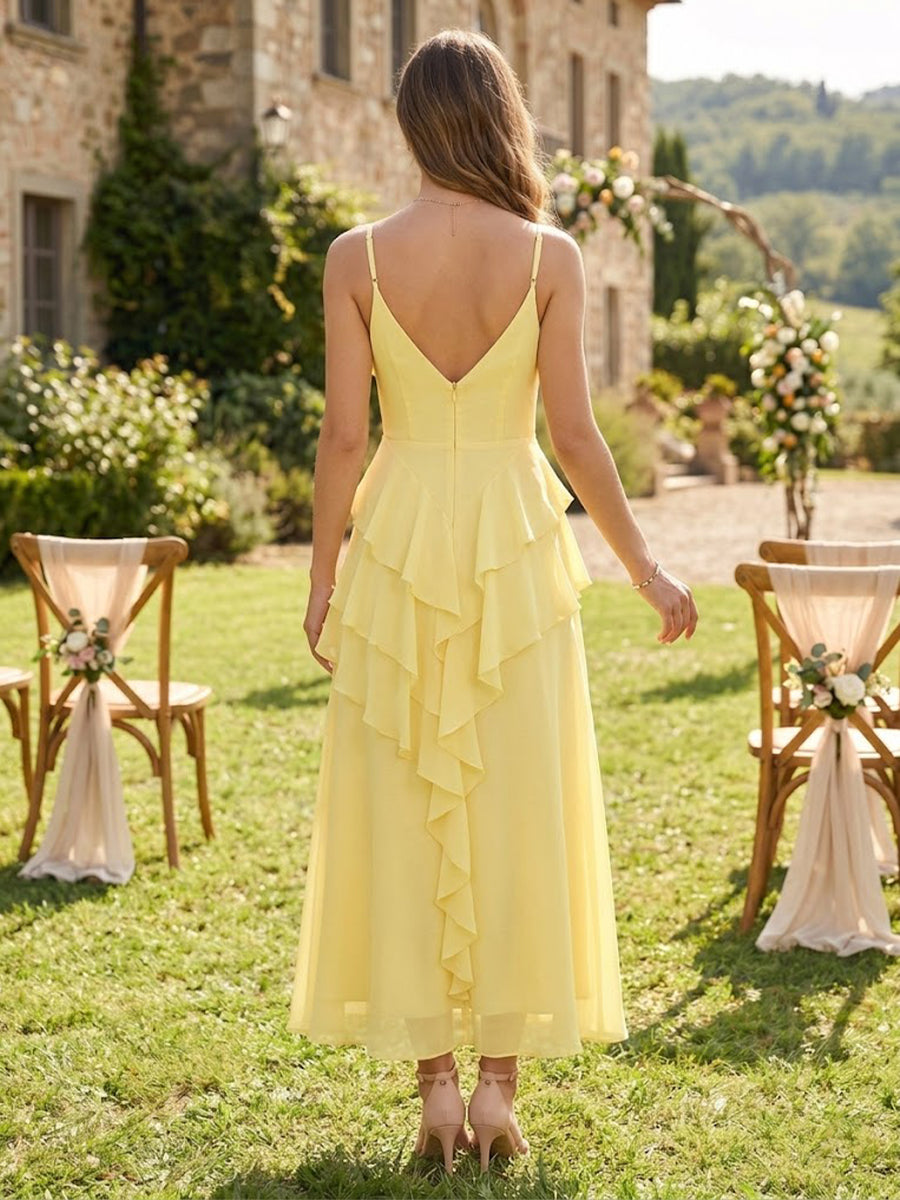 A Line Chiffon Ruffled V Neck Sleeveless Long Bridesmaid Dresses