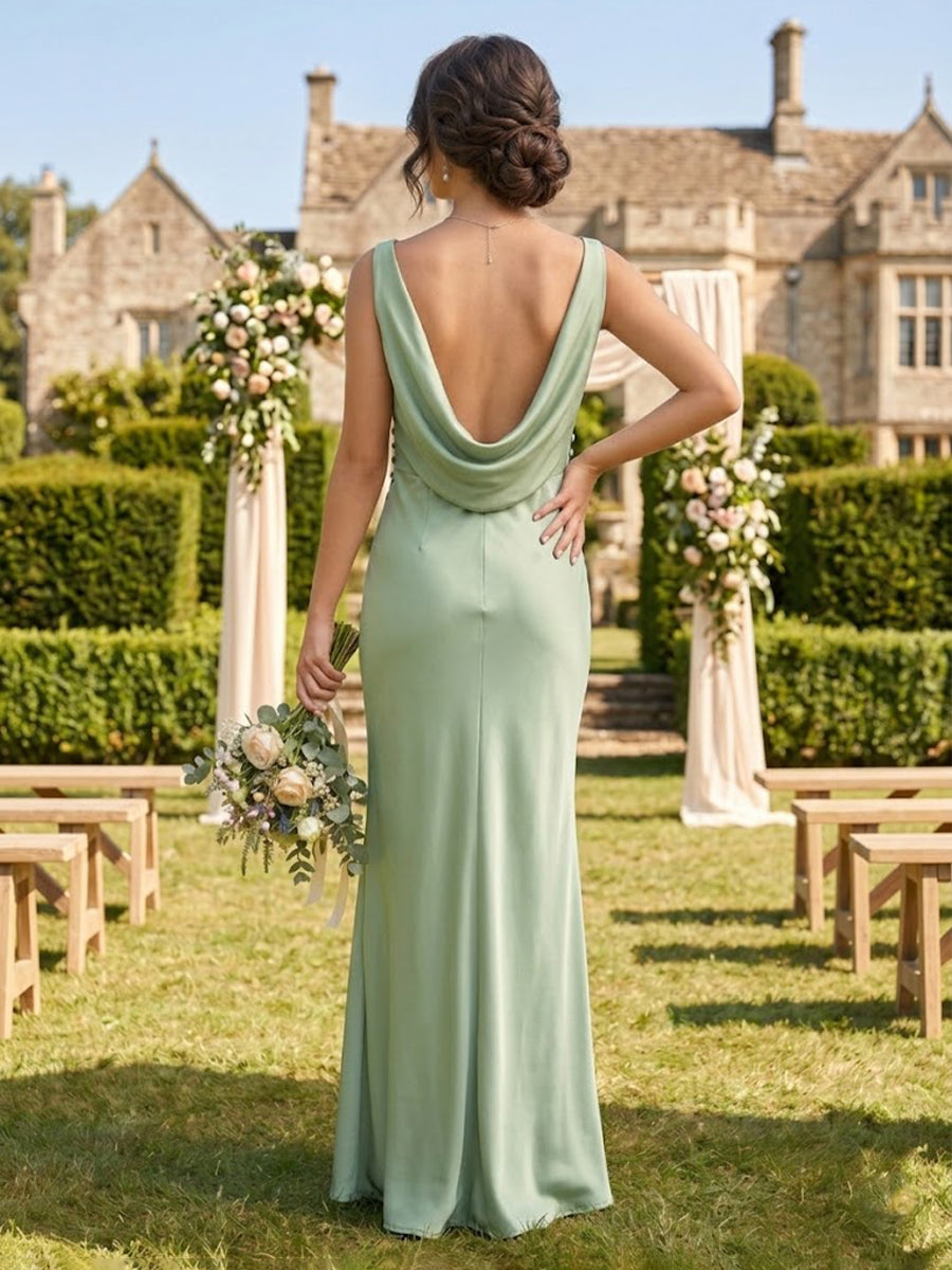 Mermaid Satin Cowl Neck Sleeveless Long Bridesmaid Dresses