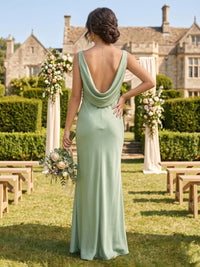 Mermaid Satin Cowl Neck Sleeveless Long Bridesmaid Dresses