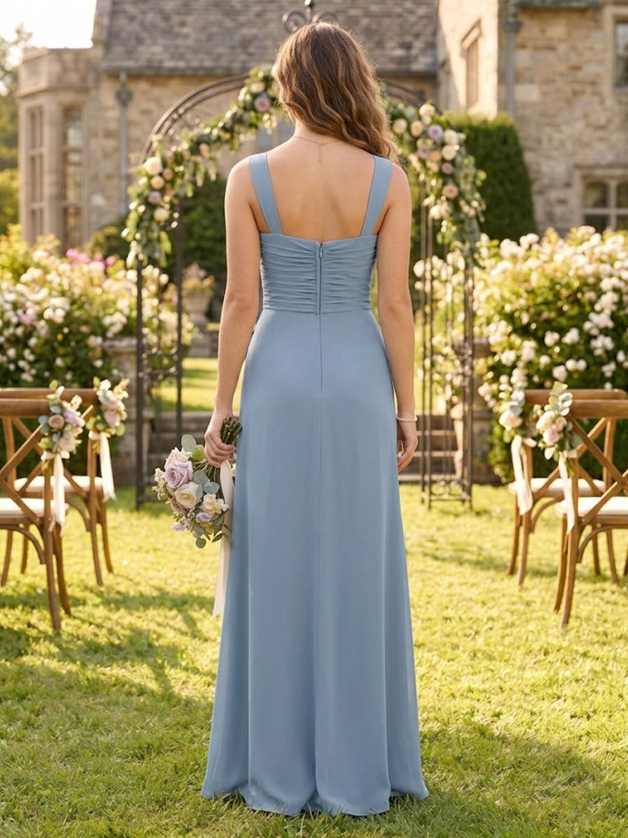 Mermaid Chiffon Square Neck Sleeveless Long Bridesmaid Dresses with Slit
