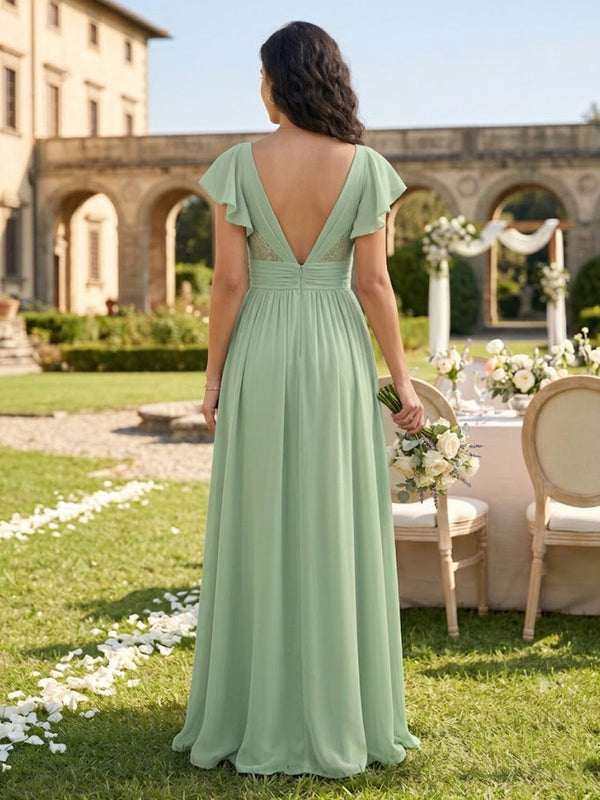 A Line Chiffon V Neck Short Sleeves Long Bridesmaid Dresses with Slit
