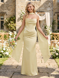 Satin Mermaid Strapless Sleeveless Long Bridesmaid Dresses with Scarf