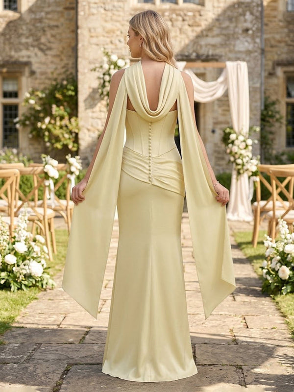 Satin Mermaid Strapless Sleeveless Long Bridesmaid Dresses with Scarf
