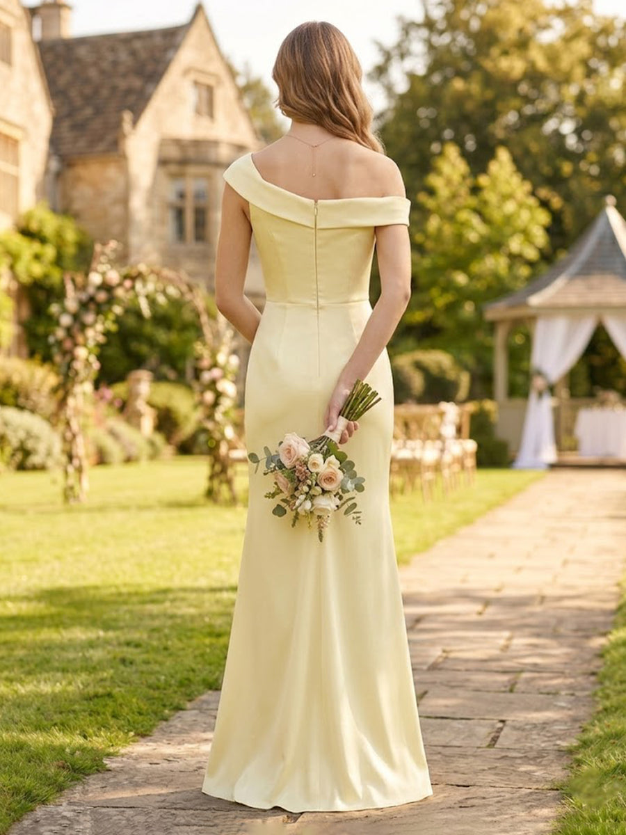Satin Mermaid Off Shoulder Sleeveless Long Bridesmaid Dresses