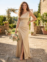 Satin Mermaid One Shoulder Sleeveless Long Bridesmaid Dresses with Slit