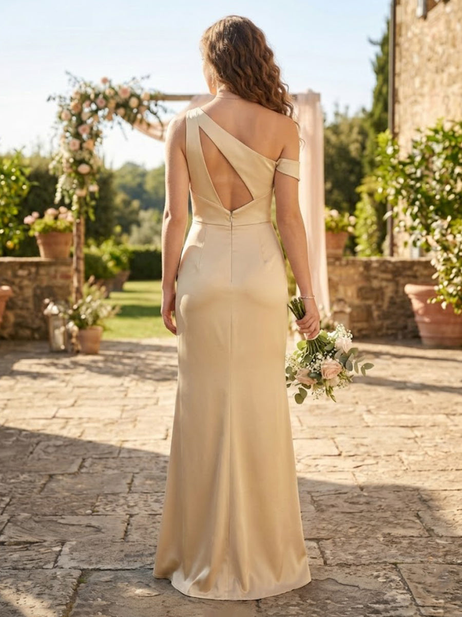 Satin Mermaid One Shoulder Sleeveless Long Bridesmaid Dresses with Slit