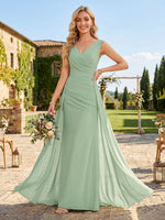 Chiffon Pleated Mermaid V Neck Sleeveless Long Bridesmaid Dresses