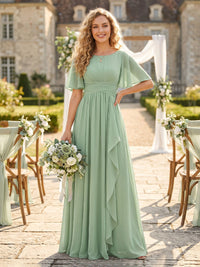 A Line Round Neck Short Sleeves Long Bridesmaid Dresses