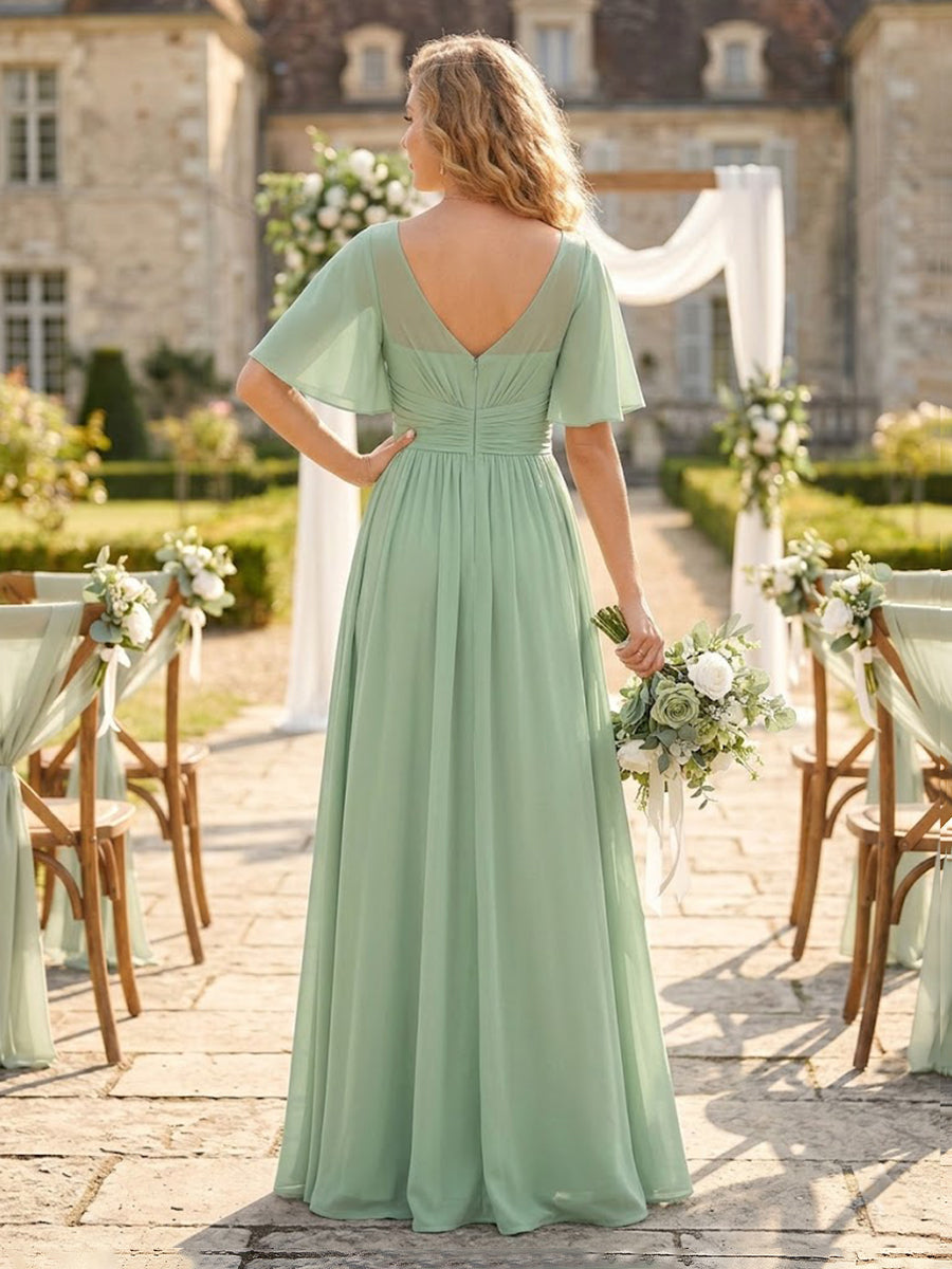 A Line Round Neck Short Sleeves Long Bridesmaid Dresses