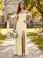 Mermaid Off Shoulder Sleeveless Long Bridesmaid Dresses with Slit