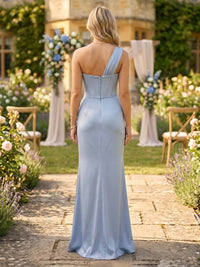 Satin A Line One Shoulder Corset Long Bridesmaid Dresses with Ruched