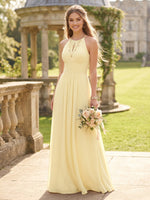 Chiffon A Line Halter Long Bridesmaid Dresses with Ruched