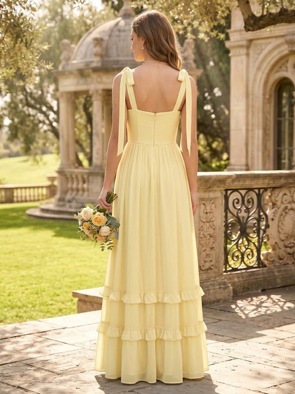 Chiffon A Line Sweetheart Ruffles Long Bridesmaid Dresses with Slit