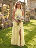 Chiffon Halter Ruffles A Line Long Bridesmaid Dresses with Slit