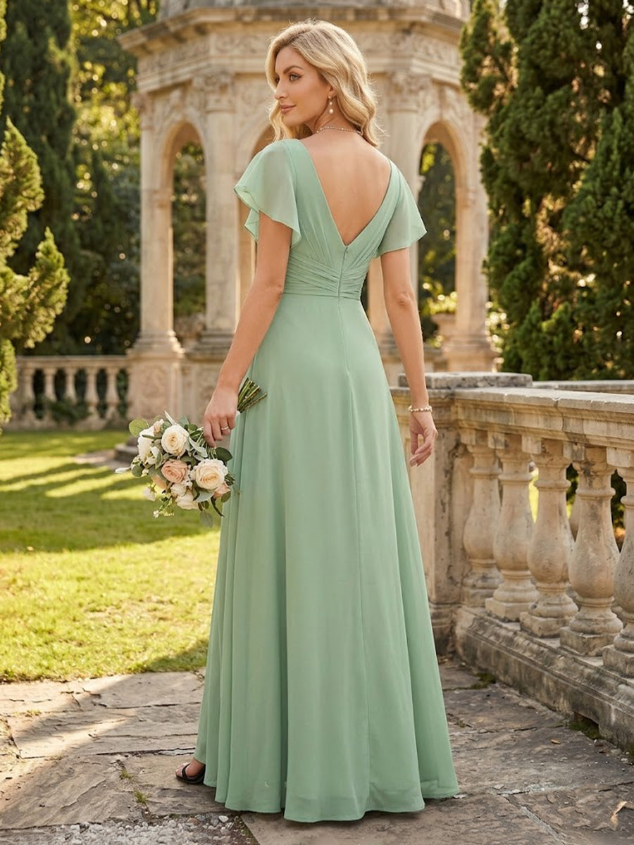 Chiffon A Line V Neck Long Flutter Sleeves Bridesmaid Dresses with Slit