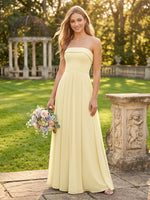 Chiffon A Line Strapless Long Bridesmaid Dresses