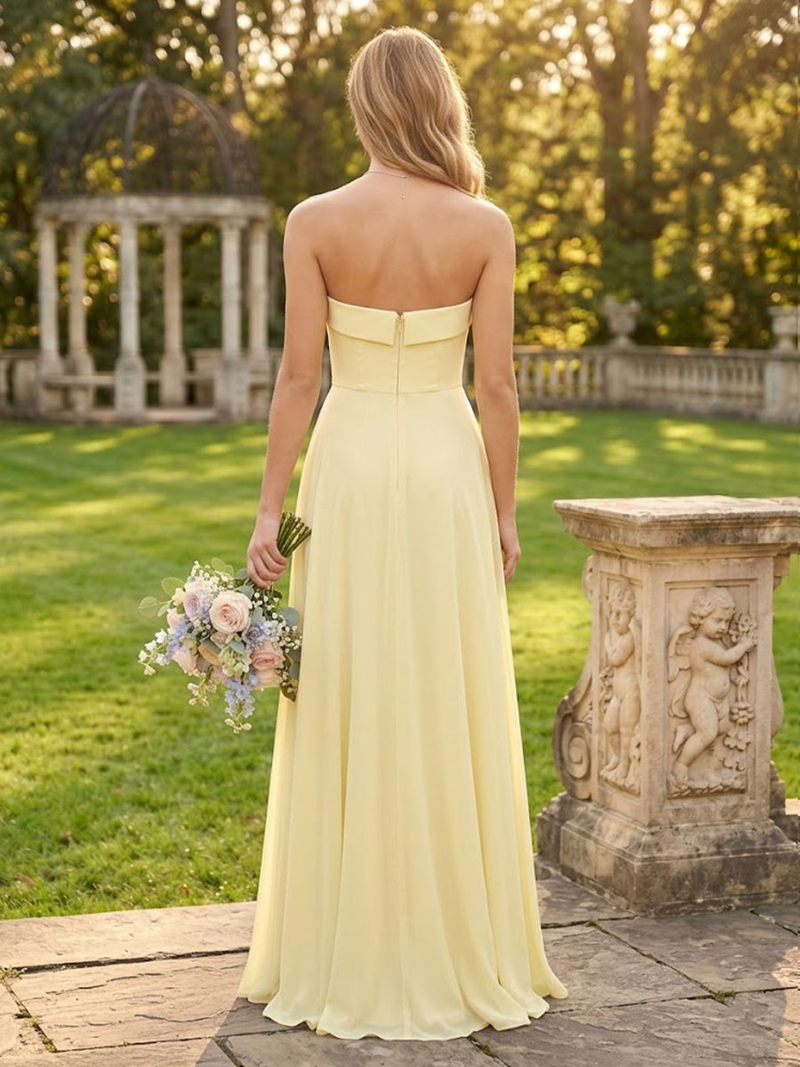 Chiffon A Line Strapless Long Bridesmaid Dresses