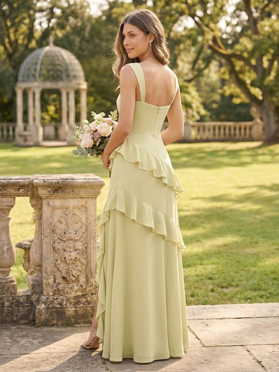 Chiffon A Line Spaghetti Straps Ruffles Long Bridesmaid Dresses with Slit