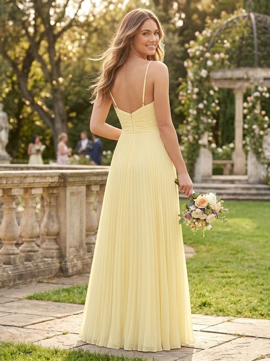 Chiffon A Line V Neck Long Bridesmaid Dresses with Slit