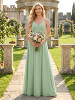 Chiffon A Line V Neck Long Bridesmaid Dresses with Ruched