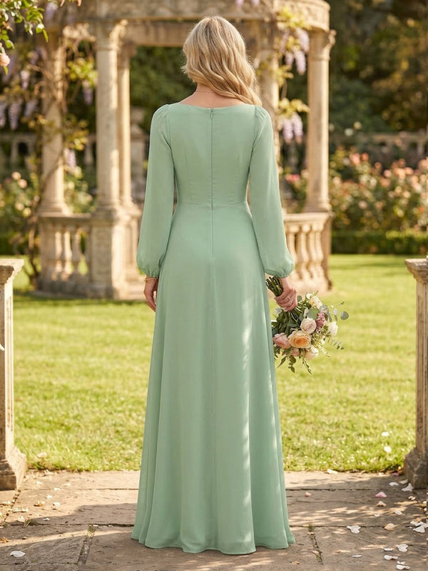 Chiffon Cowl Neck A Line Long Sleevees Long Bridesmaid Dresses with Slit