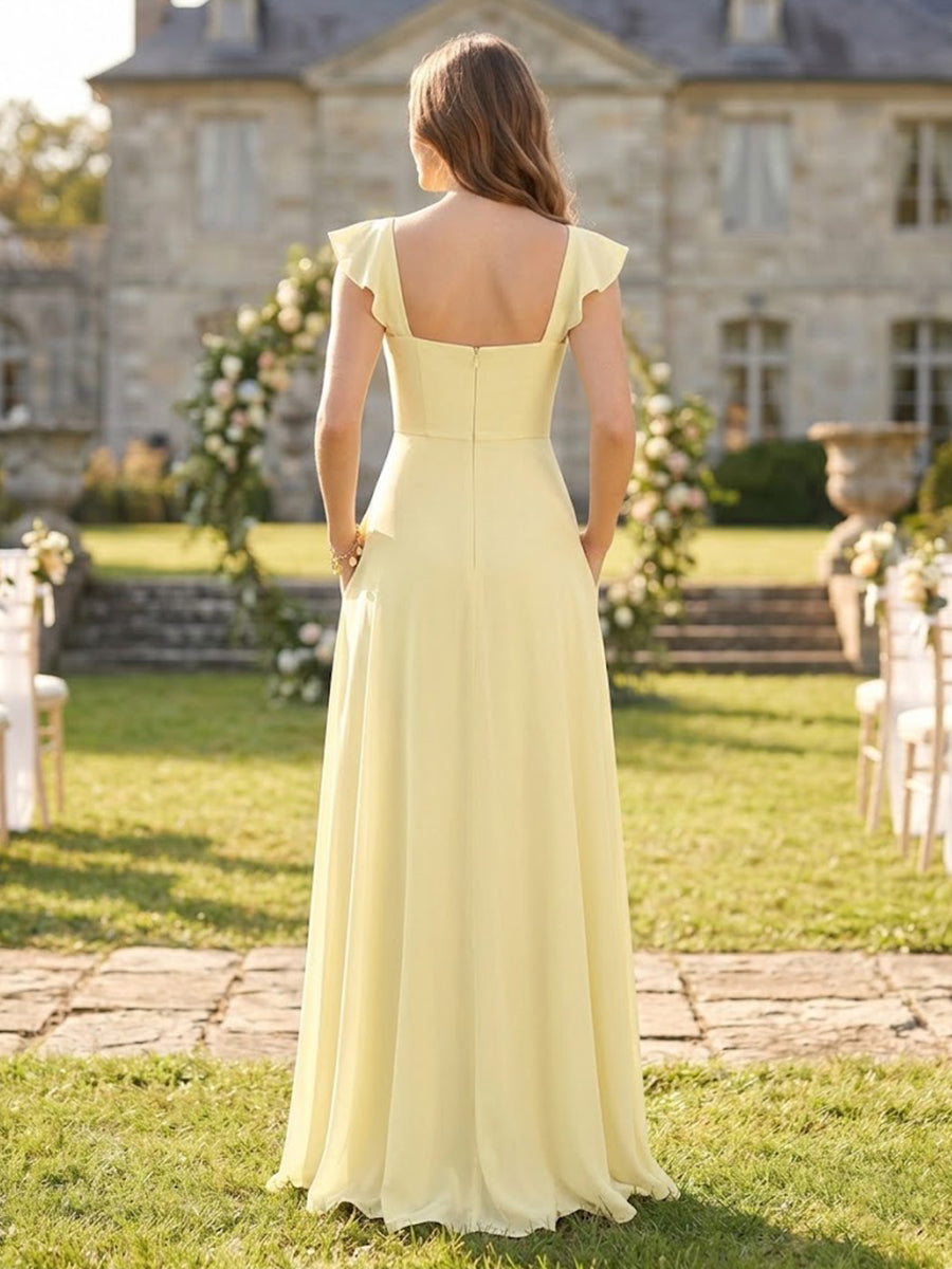 Chiffon A Line Square Neck Long Bridesmaid Dresses with Slit