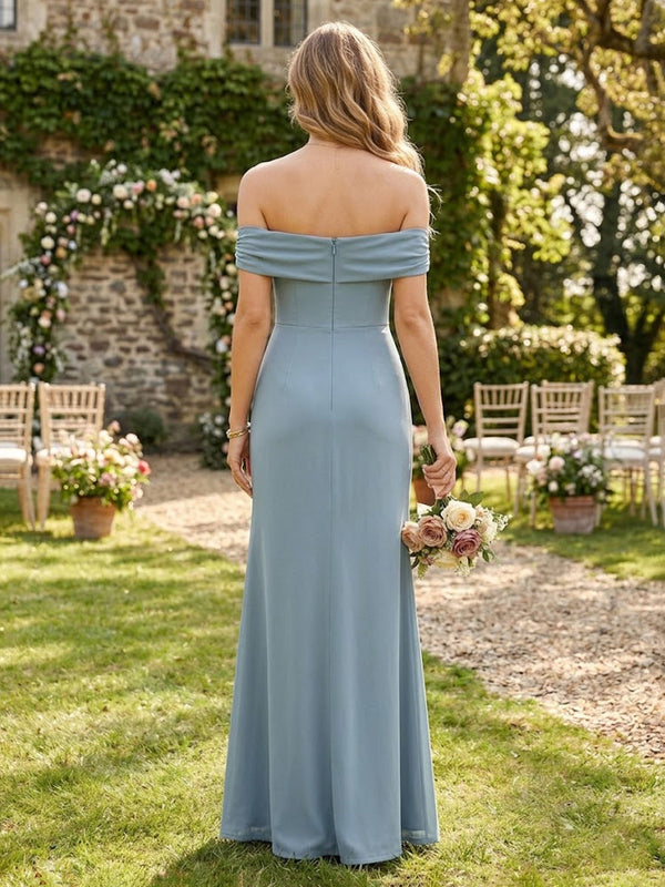 Chiffon A Line Off Shoulder Long Bridesmaid Dresses with Slit