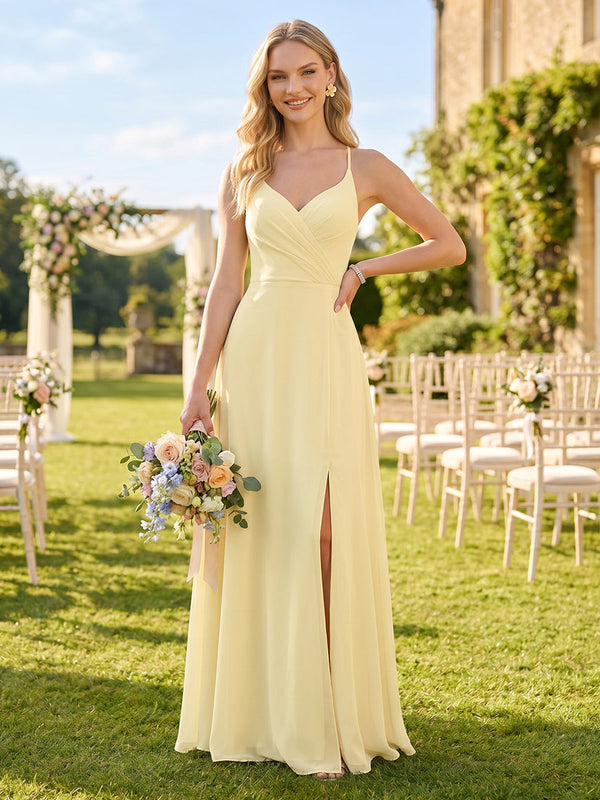 Chiffon A Line V Neck Long Bridesmaid Dresses with Slit