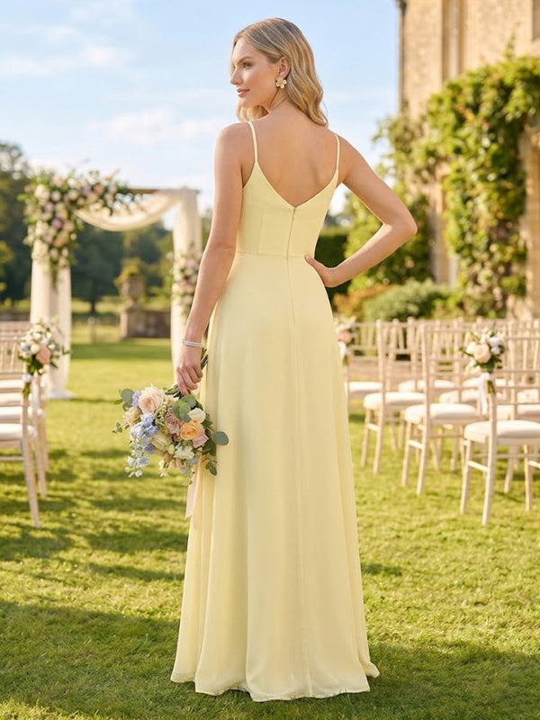Chiffon A Line V Neck Long Bridesmaid Dresses with Slit