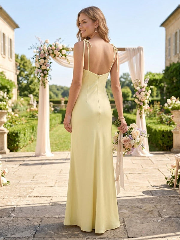 Satin Mermaid Strapless Long Bridesmaid Dresses with Straps