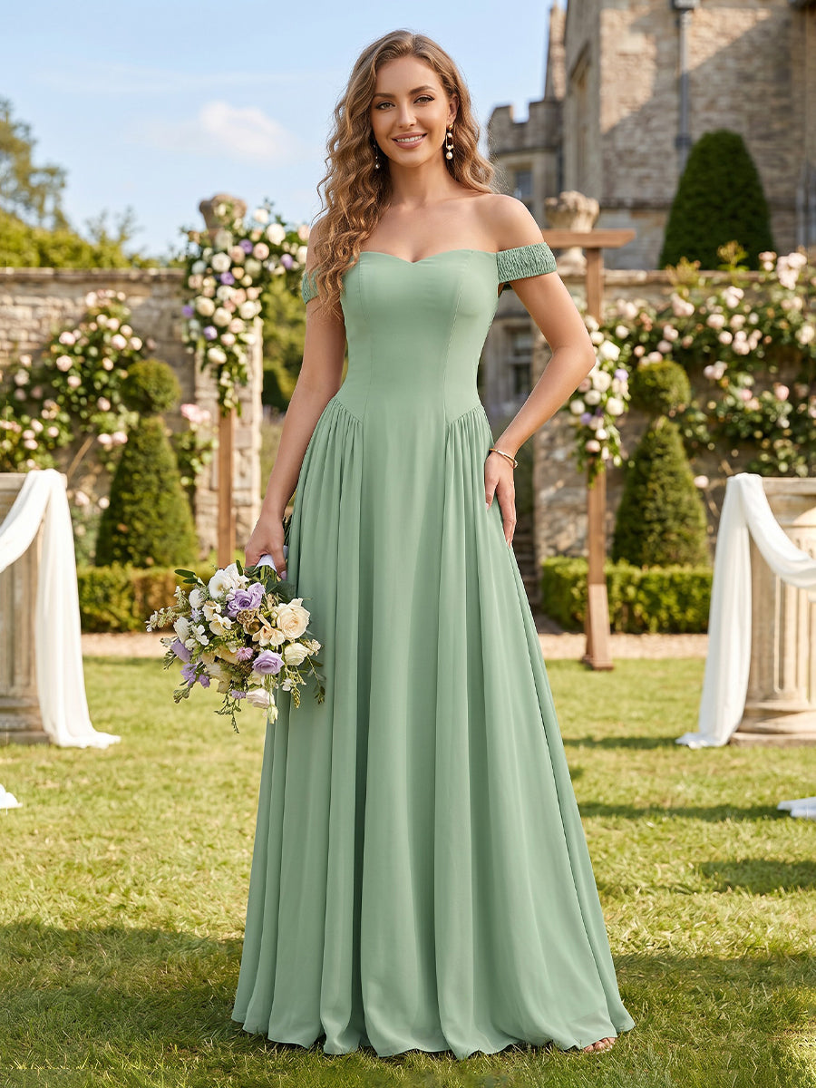 Chiffon A Line Sweetheart Off Shoulder Long Bridesmaid Dresses
