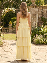 Chiffon V Neck A Line Tiered Ruffles Long Bridesmaid Dresses with Slit
