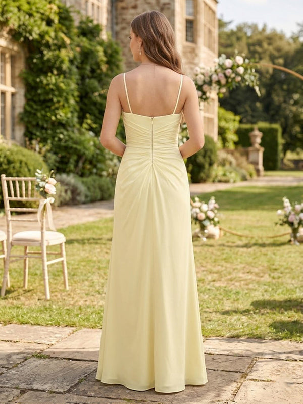 Chiffon Cowl Neck A Line Long Bridesmaid Dresses with Slit