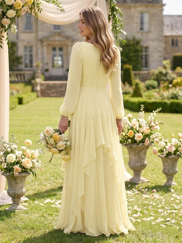 Chiffon V Neck Long Sleeves Bridesmaid Dresses with Ruffles